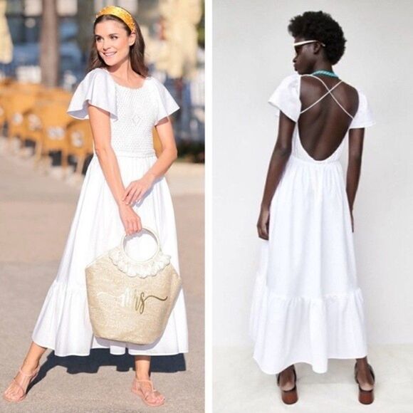 New! Zara Linen Crochet Bohemian Open Back Tiered Ruffle Sleeve White Maxi Dress - Picture 1 of 13
